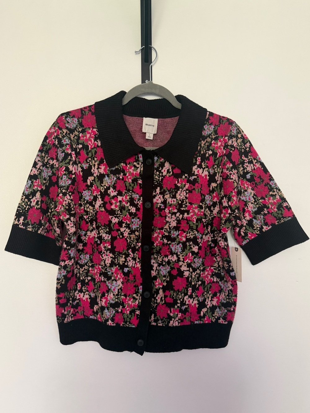Anthropologie Maeve Short-Sleeve Floral Collar Knit Cardigan